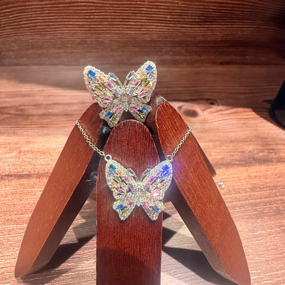 Butterfly Pendant Necklace and Earrings Set